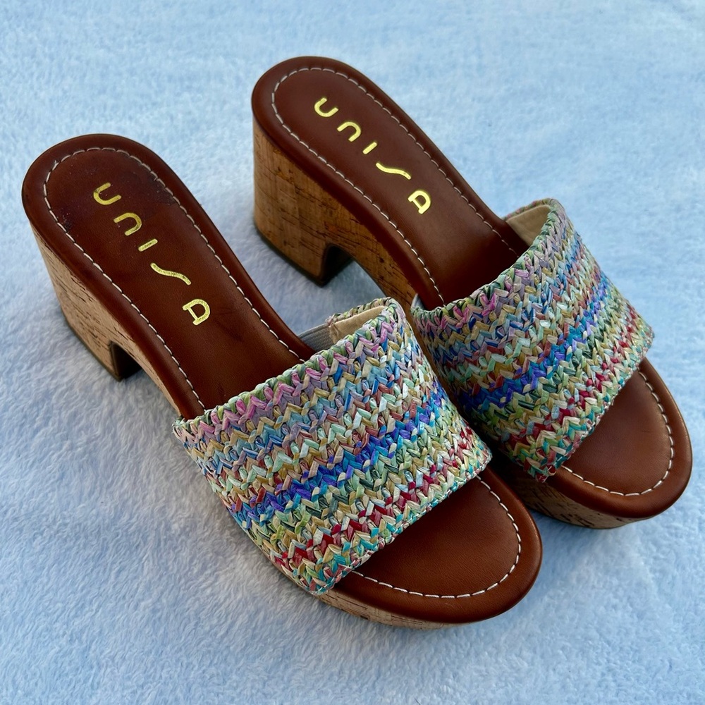 Unisa Colorful Woven Cork Platform Sandals Sz. 7.5